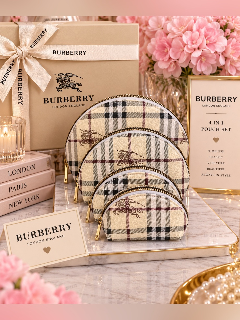 Checked Cream Zip Cosmetic Pouch